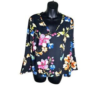 INC XS Top Low V Cut Floral Prints Long Bell Sleeves Sheer Lightweight